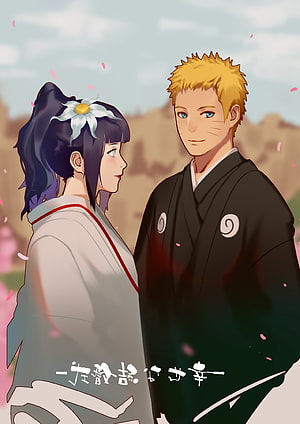 Naruto and Hinata in Traditional Wedding Attire Under Cherry Blossoms HD phone wallpaper