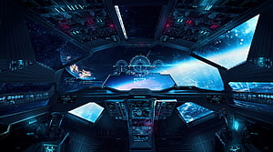 Futuristic Spaceship Cockpit Interior with Holographic Displays and Planet View HD wallpaper
