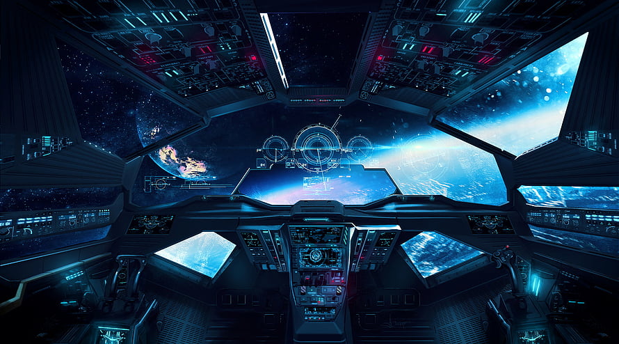Futuristic Spaceship Cockpit Interior with Holographic Displays and Planet View HD wallpaper