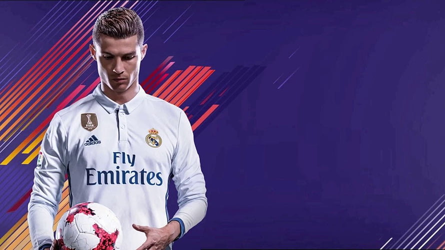Cristiano Ronaldo in Real Madrid Home Kit Holding Soccer Ball on Purple Background HD wallpaper