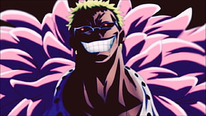 Donquixote Doflamingo menacing grin with pink feathered coat in One Piece anime HD wallpaper
