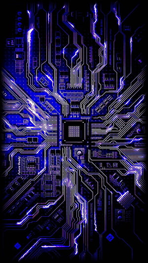 Futuristic Blue Circuit Board With Glowing Electronic Traces And Microchip HD phone wallpaper