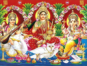Lakshmi Ganesha Saraswati Triad with Swan and Owl on Lotus Thrones HD wallpaper