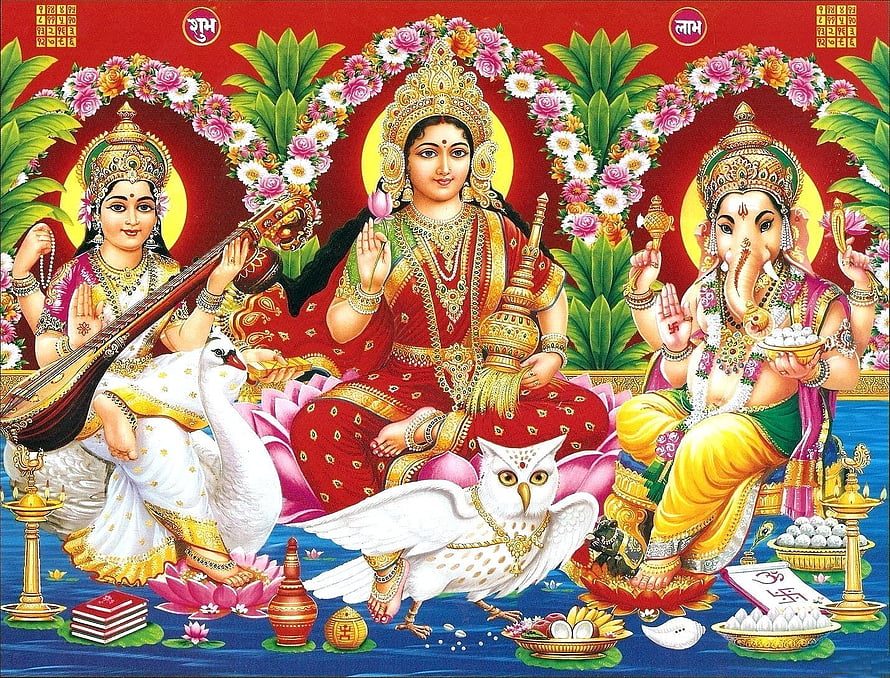 Lakshmi Ganesha Saraswati Triad with Swan and Owl on Lotus Thrones HD wallpaper