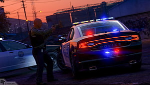 GTA 5 Cinematic Scene: Police Officer Aiming Gun at Marked Cruiser at Sunset HD wallpaper