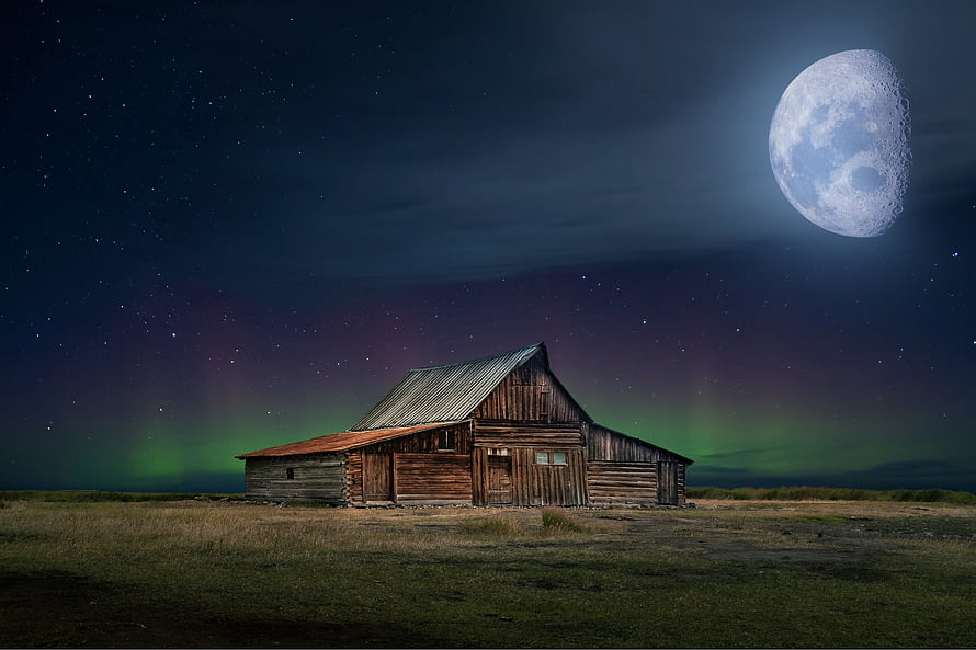 Rustic Log Cabin Under Starry Night Sky With Full Moon And Aurora Borealis HD wallpaper
