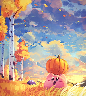 Kirby Balancing a Pumpkin in a Vibrant Autumn Forest with Falling Leaves HD phone wallpaper