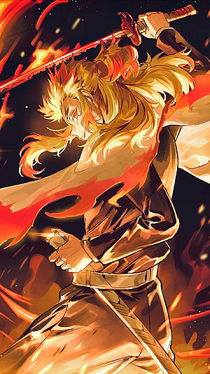 Rengoku Kyojuro from Demon Slayer Wielding a Flame-Enshrouded Katana in Dynamic Combat Pose HD phone wallpaper
