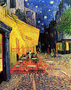 Vincent van Gogh Cafe Terrace at Night Oil Painting with Starry Sky and Cobblestone Street HD phone wallpaper