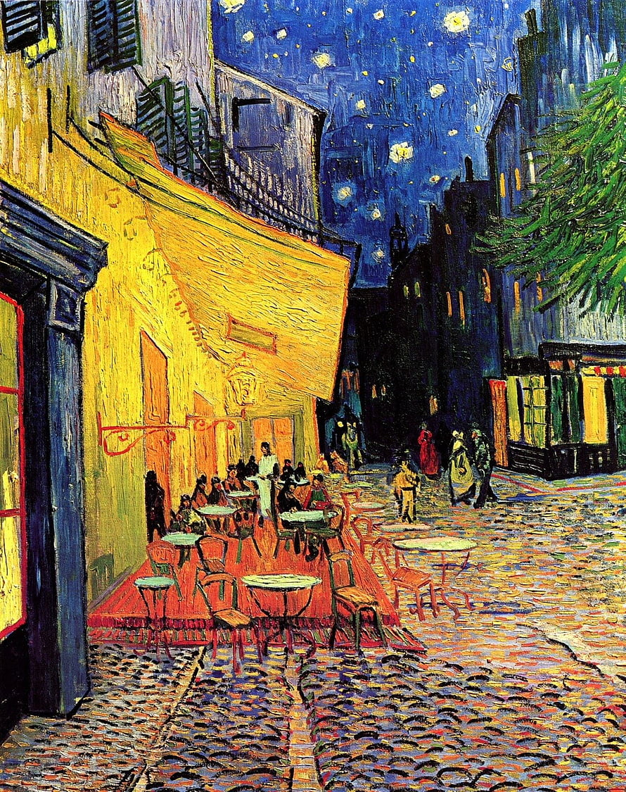 Vincent van Gogh Cafe Terrace at Night Oil Painting with Starry Sky and Cobblestone Street HD phone wallpaper