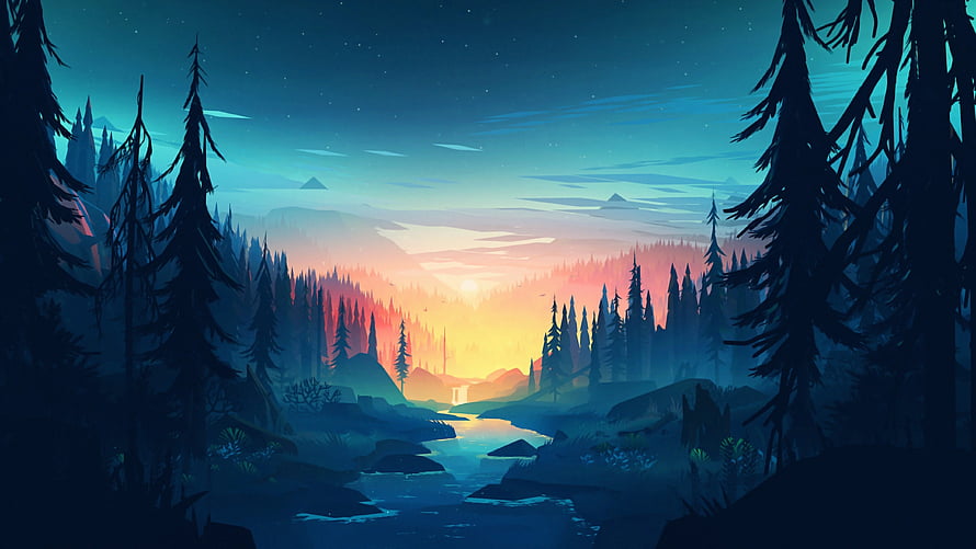 Stylized Digital Illustration of a Serene Forest River at Sunset with Pine Trees HD wallpaper