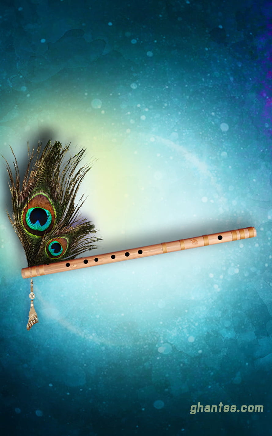 Bamboo Flute with Peacock Feathers on Blue Background HD phone wallpaper
