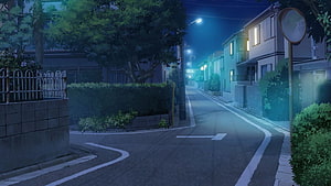 Serene Nighttime Japanese Residential Street Scene With Glowing Streetlights And Houses HD wallpaper