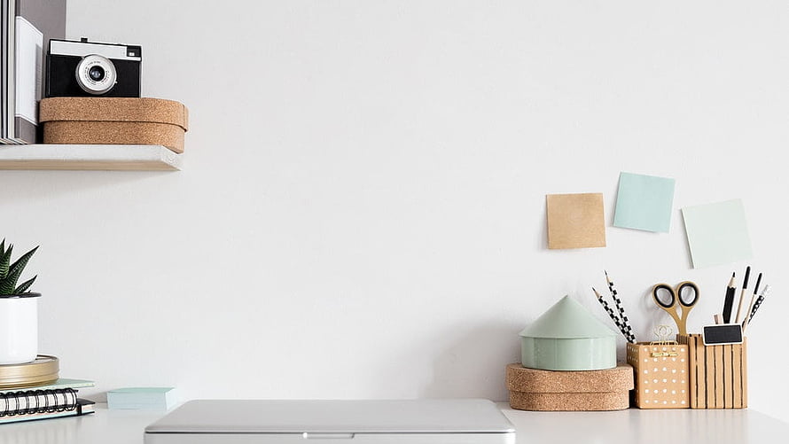 Minimalist White Home Office Desk Setup With Vintage Camera And Stationery HD wallpaper