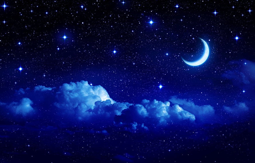 Serene Night Sky With Glowing Crescent Moon And Fluffy Clouds HD wallpaper