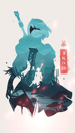Nier Automata 2B Silhouette Artwork with Industrial Ruins and Teal Color Palette HD phone wallpaper