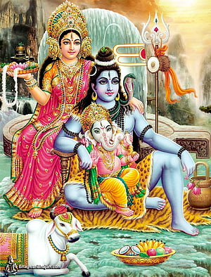 Lord Shiva, Parvati, and Ganesha Sitting Together in Divine Himalayan Landscape HD phone wallpaper