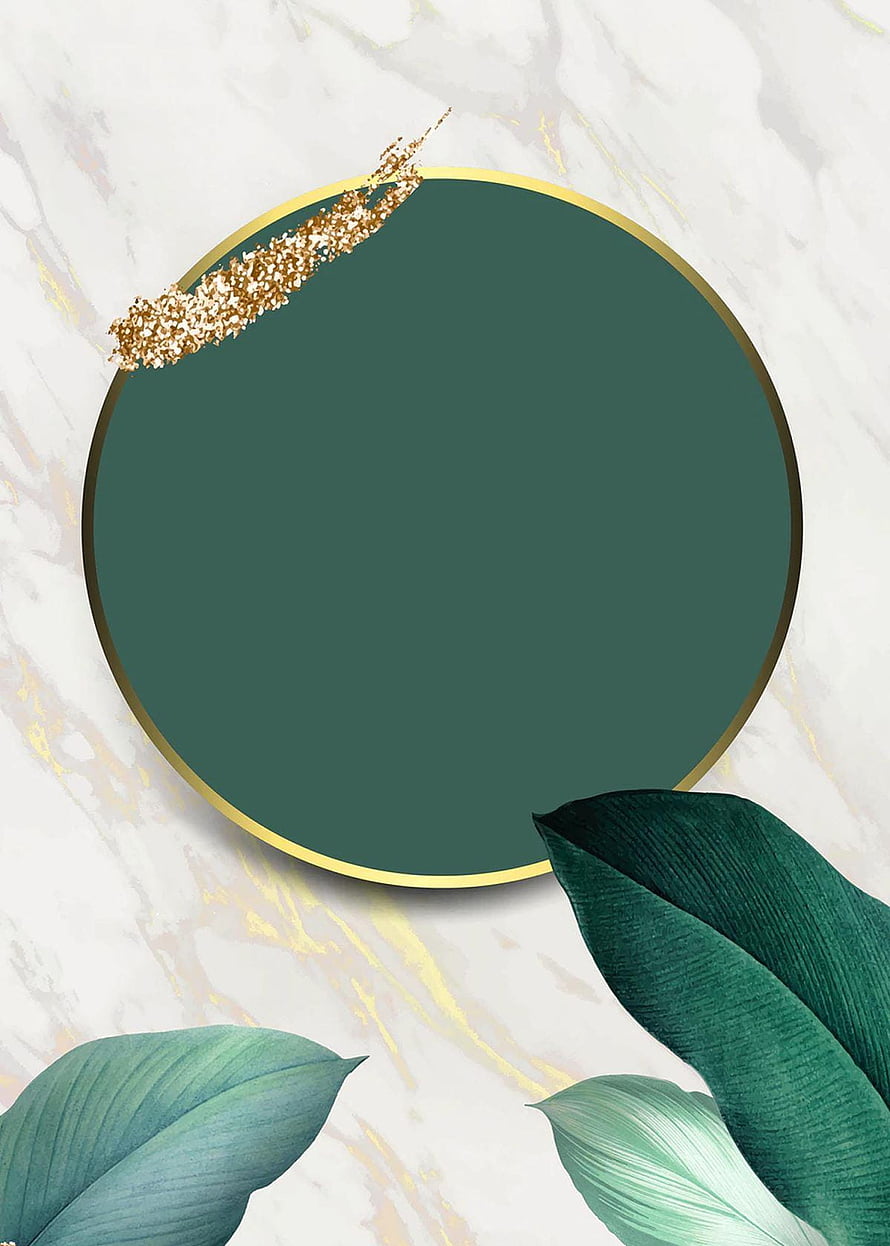 Elegant Green Circle Frame with Gold Glitter and Tropical Leaves on Marble Background HD phone wallpaper