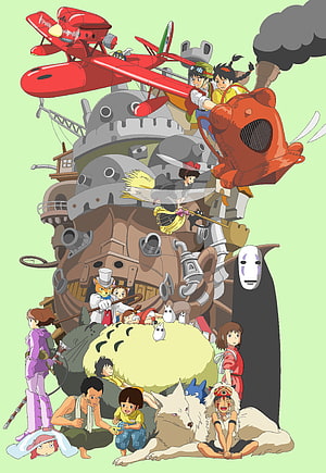 Studio Ghibli Characters Group Illustration Featuring Totoro, No-Face, and Howl's Moving Castle HD phone wallpaper