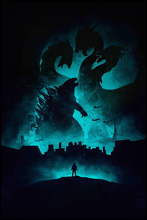 Godzilla and King Ghidorah Silhouettes Looming Over a Dark Cityscape HD phone wallpaper