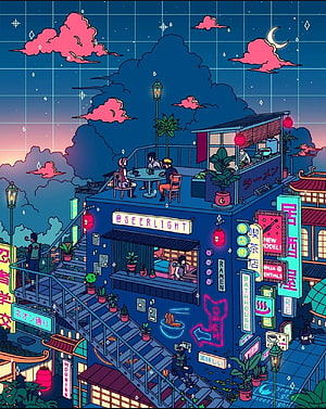 Naruto Vaporwave Rooftop Ramen Shop at Night with Neon Signs and Pink Clouds HD phone wallpaper