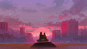 Couple Sitting on Car Roof Watching Shooting Star Over City at Sunset HD wallpaper
