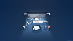 Minimalist Digital Workspace Illustration With Computer Peripherals On Blue Background HD wallpaper