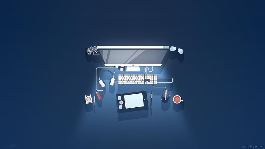 Minimalist Digital Workspace Illustration With Computer Peripherals On Blue Background HD wallpaper