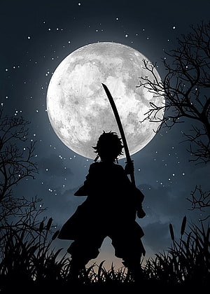 Silhouette of a swordsman standing before a giant full moon with bare trees, Kimetsu no Yaiba Tanjiro. Seni jepang, Seni anime, Seni gelap, Dark Demon Slayer HD phone wallpaper