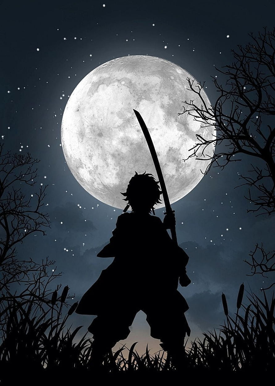 Silhouette of a swordsman standing before a giant full moon with bare trees, Kimetsu no Yaiba Tanjiro. Seni jepang, Seni anime, Seni gelap, Dark Demon Slayer HD phone wallpaper