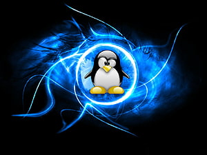 Tux the Linux Penguin Inside a Glowing Blue Energy Ring on a Dark Background HD wallpaper