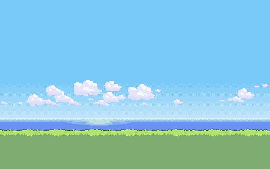 Pixel Art Pokemon Scenery with Blue Sky, Clouds, and Grassland HD wallpaper