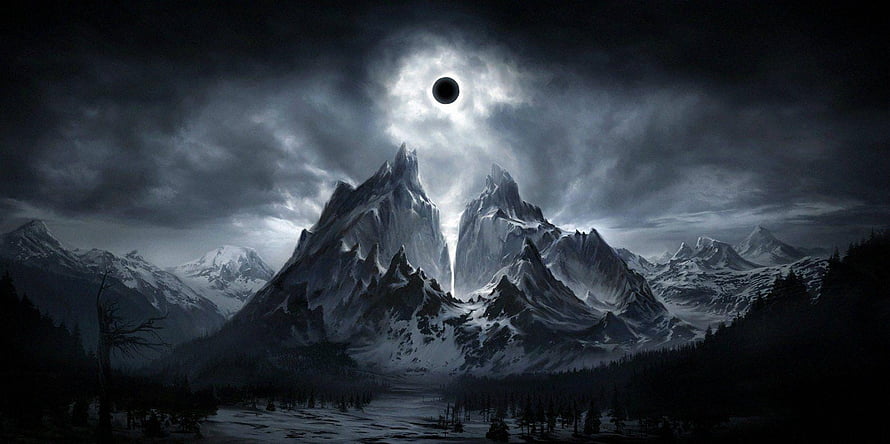 Dark Fantasy Mountain Landscape With Solar Eclipse And Stormy Sky HD wallpaper