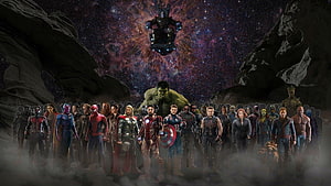 Avengers Endgame Team Lineup with Thanos and Infinity Gauntlet in Cosmic Setting HD wallpaper