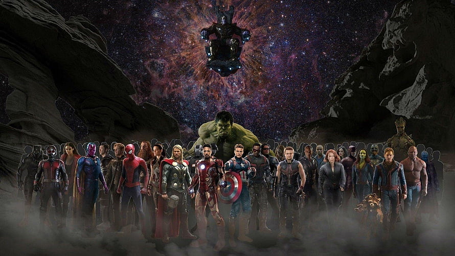 Avengers Endgame Team Lineup with Thanos and Infinity Gauntlet in Cosmic Setting HD wallpaper