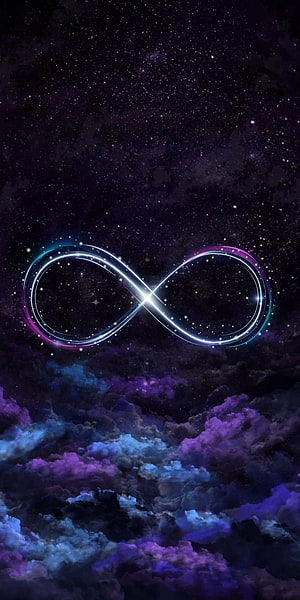 Glowing Infinity Symbol Over Purple and Blue Clouds in Starry Night Sky HD phone wallpaper