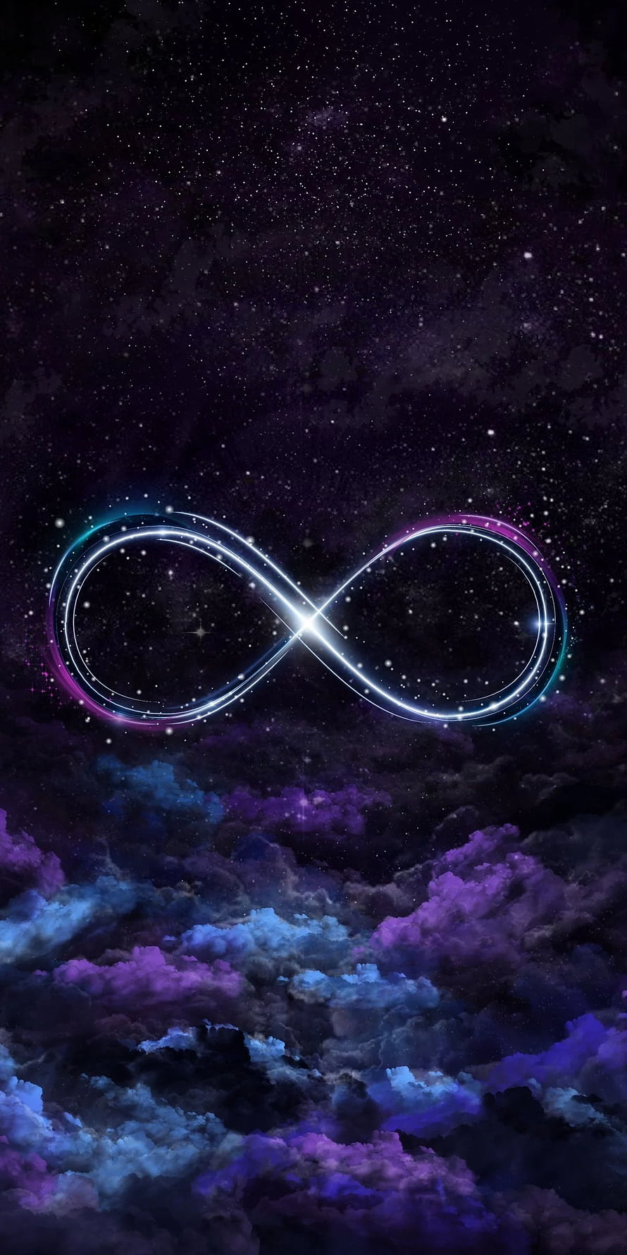 Glowing Infinity Symbol Over Purple and Blue Clouds in Starry Night Sky HD phone wallpaper