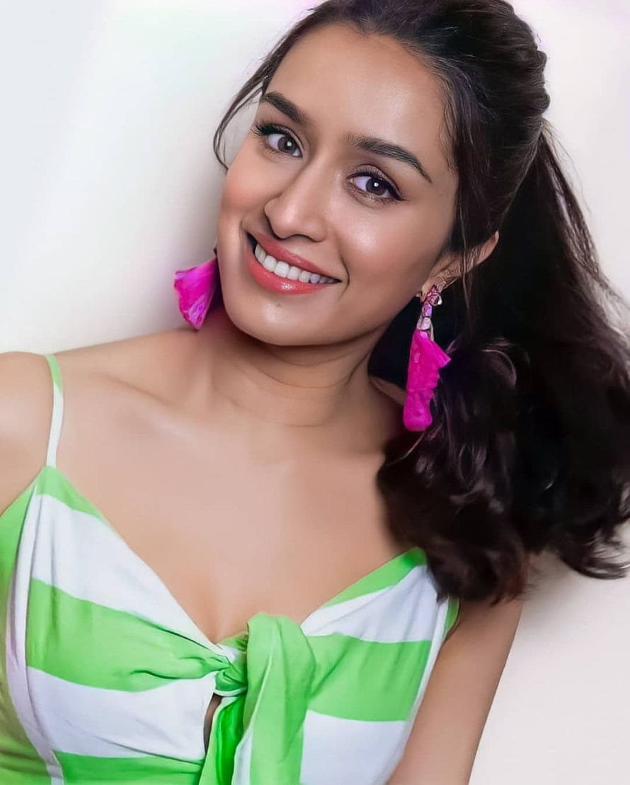 Shraddha Kapoor in Green and White Striped Top with Vibrant Pink Earrings HD phone wallpaper