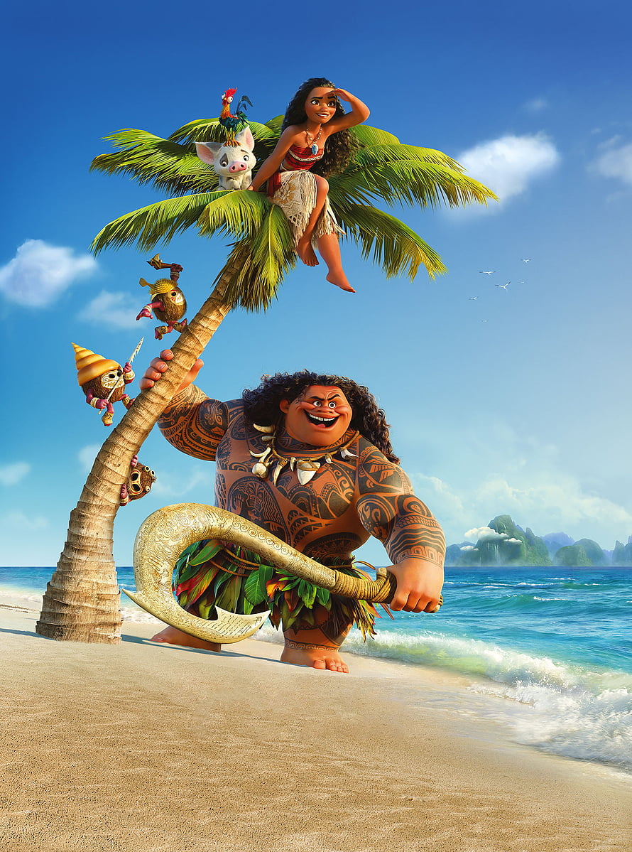 Moana and Maui on a Tropical Beach with Pua Heihei Tamatoa and Kakamora HD phone wallpaper