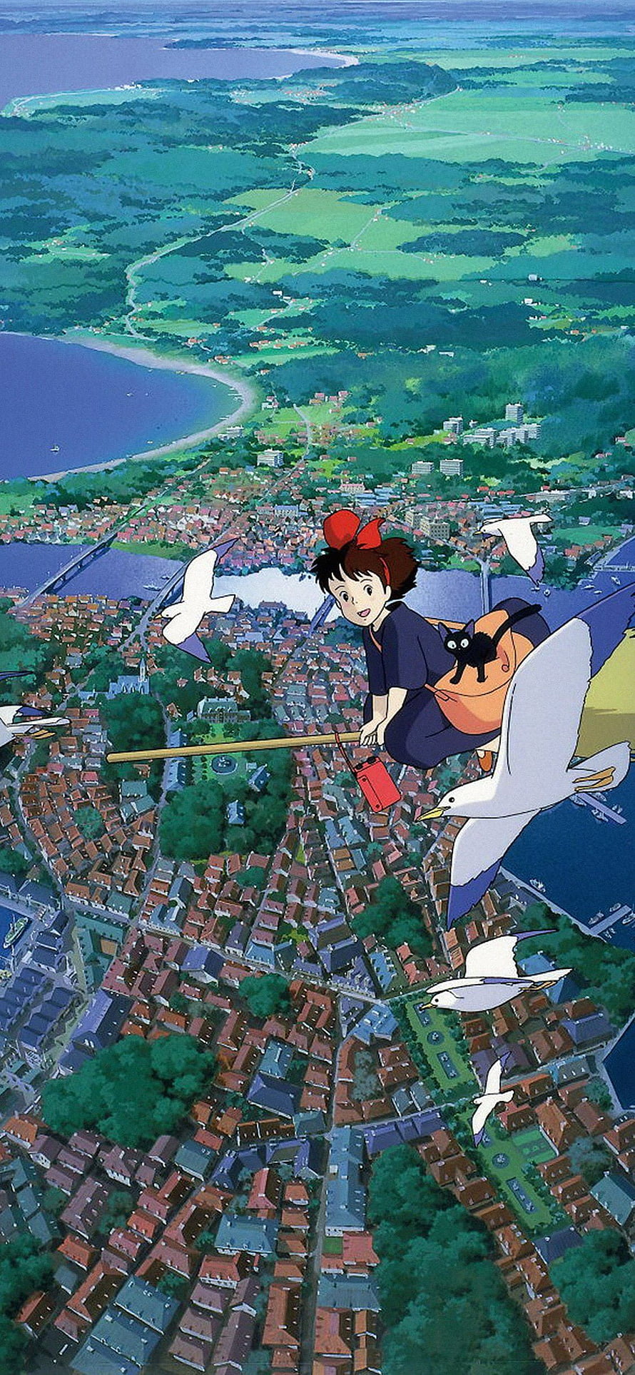 Kiki and Jiji Flying Over a Coastal Town in Studio Ghibli's Kiki's Delivery Service HD phone wallpaper