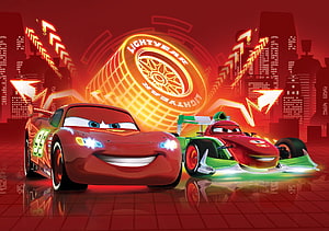 Lightning McQueen and Francesco Bernoulli in Neon City Racing Scene HD wallpaper