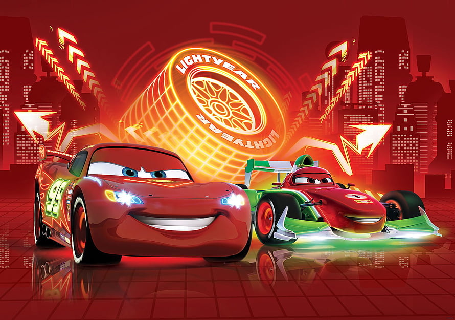 Lightning McQueen and Francesco Bernoulli in Neon City Racing Scene HD wallpaper