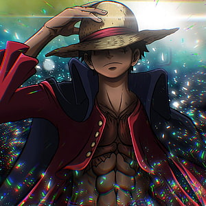 Monkey D. Luffy Wearing Straw Hat and Red Coat Amidst Colorful Confetti HD phone wallpaper
