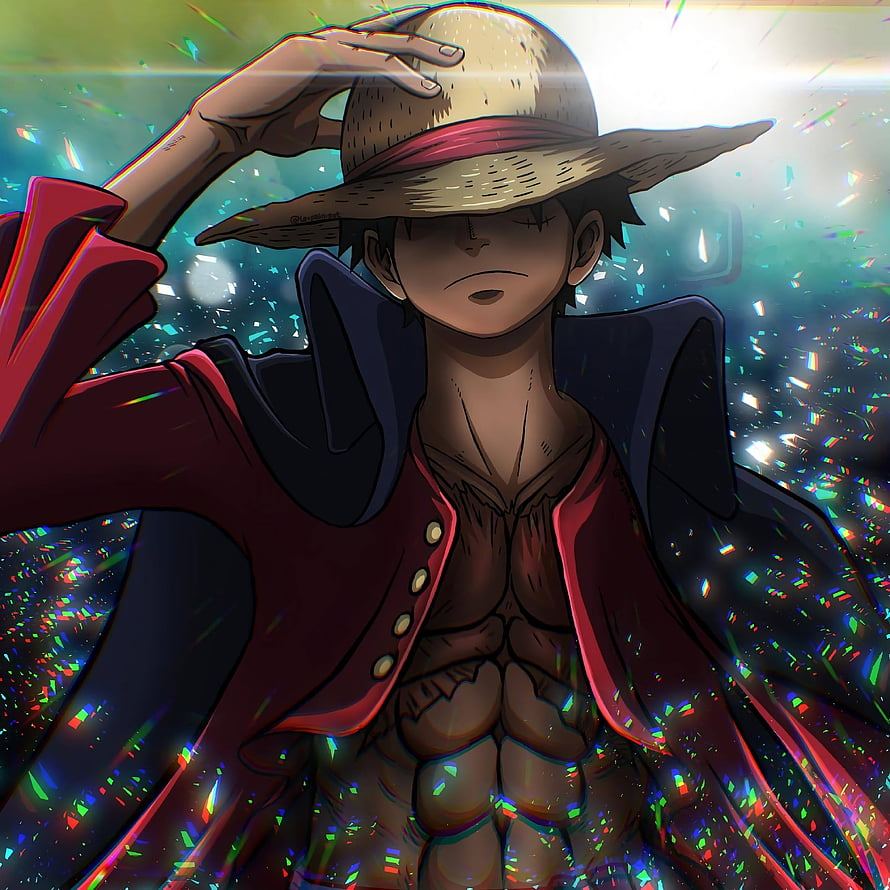 Monkey D. Luffy Wearing Straw Hat and Red Coat Amidst Colorful Confetti HD phone wallpaper