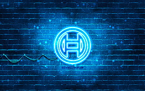 Bosch Neon Logo Glowing on Blue Brick Wall with Rain Effects HD wallpaper