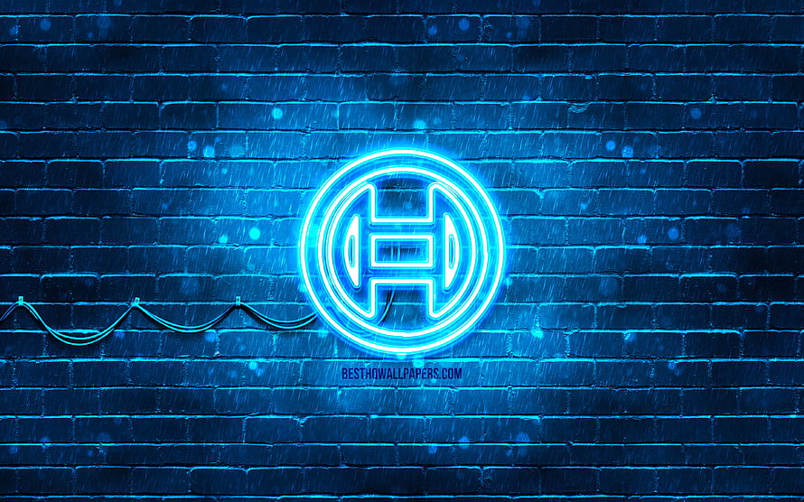 Bosch Neon Logo Glowing on Blue Brick Wall with Rain Effects HD wallpaper