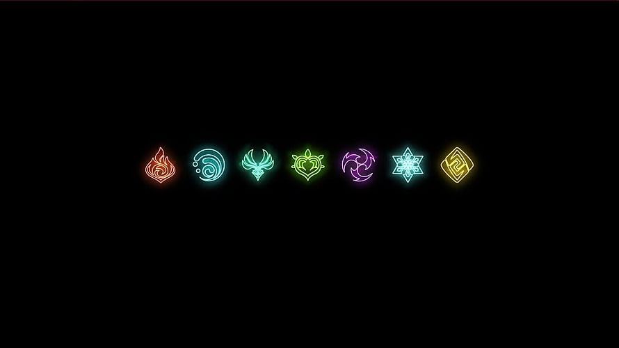 Genshin Impact Seven Element Symbols in Neon Glow on Black Background HD wallpaper