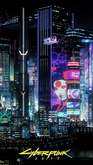 Cyberpunk 2077 Night City Skyline with Neon Billboards and Futuristic Architecture HD phone wallpaper