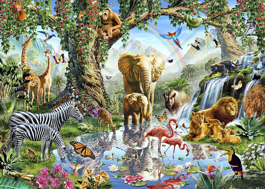 Vibrant Jungle Animal Collage with Waterfall, Rainbow, and Exotic Wildlife HD wallpaper