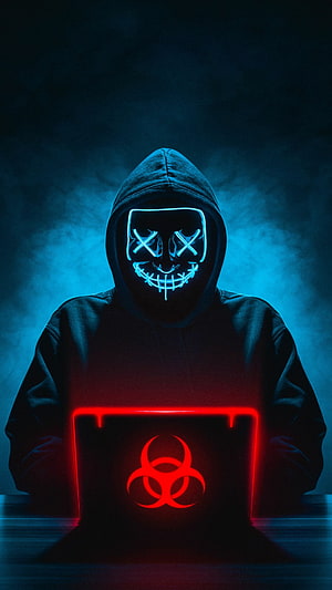 Hacker in Hoodie with Glowing Neon Mask and Biohazard Laptop HD phone wallpaper